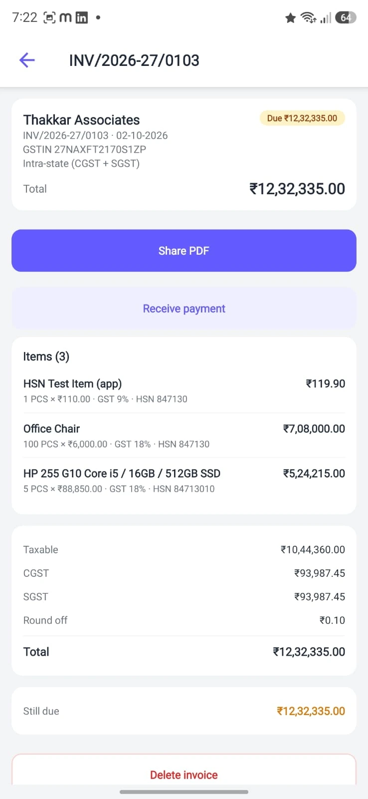 GST Invoice View on Mobile